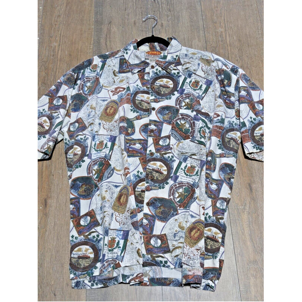 Vintage Paragraff Shirt Mens Large All Over Print Button Up Short Sleeve Cotton